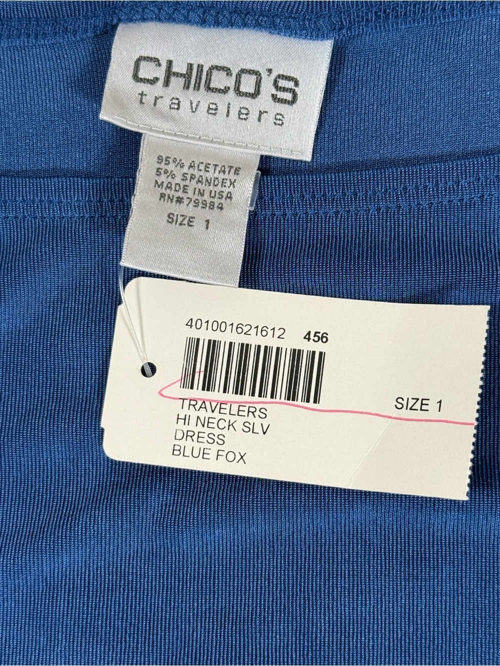 Chico’s Travelers Blue Maxi Dress Medium Sleeveless Slinky Stretch USA Made NWT - Picture 5 of 6